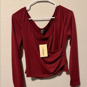 SHEIN Burgundy Draped Long Sleeve Blouse